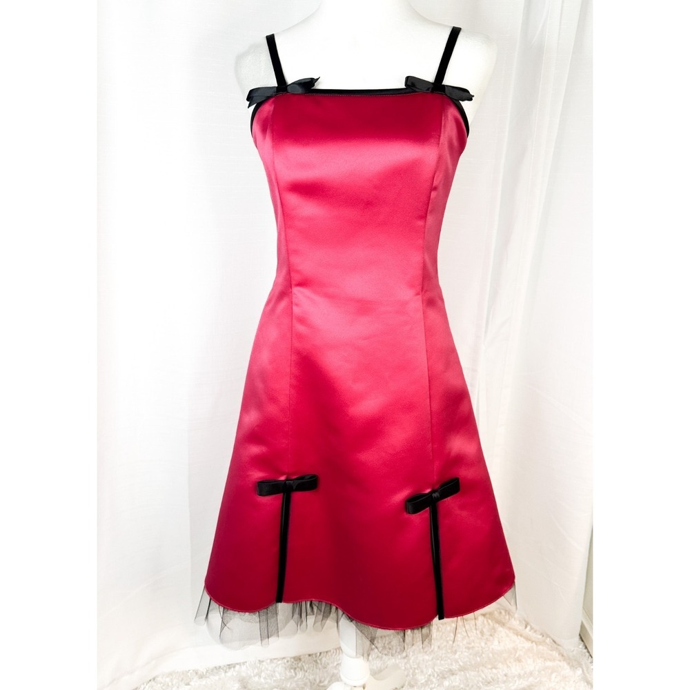 Vintage Gunne Sax Jessica McClintock Dress 7/8 Pink Satin Black Tulle Bows EUC